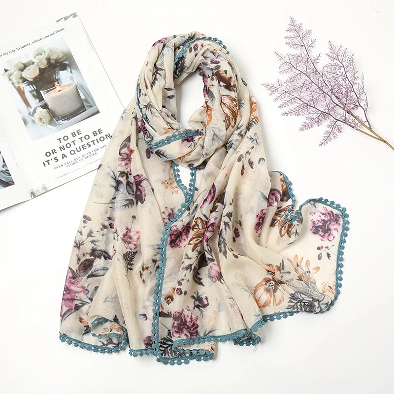 Hot Selling Ethnic Scarves Women Muslim Hijab Floral Tassel Shawl Print Cotton Viscose Scarf