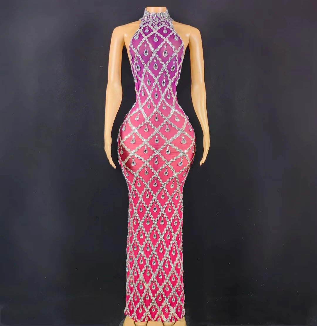 Luxury Gradient Color Rhinestone Birthday Banquet Long Dress Women See Through Dinner Gown Evening Prom Dress Show Club Outfit