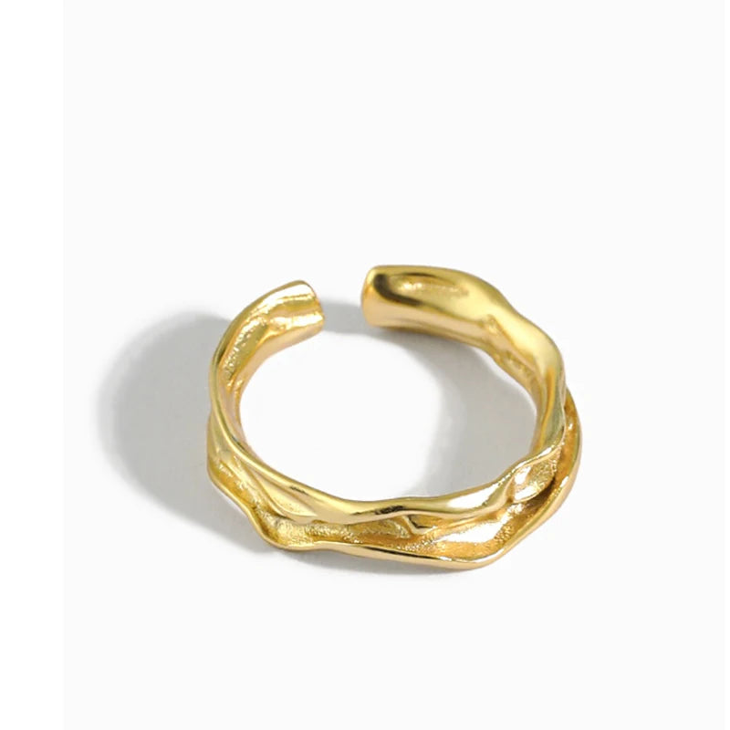 Wave Textured Hammered Ring Band Sterling Silver Stacking Sterling Silver 925 Gold-plated Irregular lava Open Ring