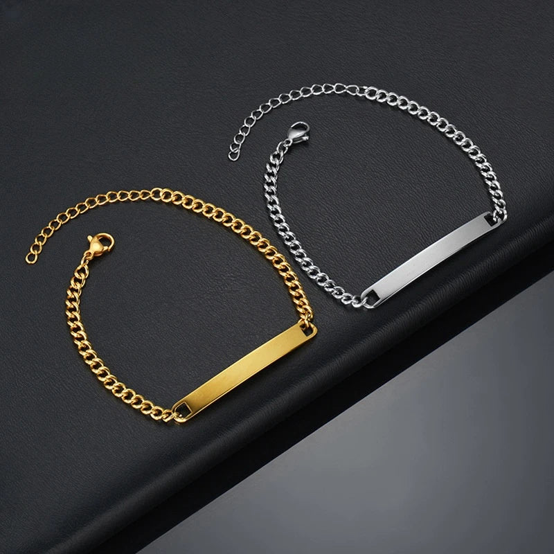 Personalized Jewelry Custom Logo Message Stainless Steel Anti Allergy Blank Bar Hip Hop Curb Chain ID Name Bracelet for Men