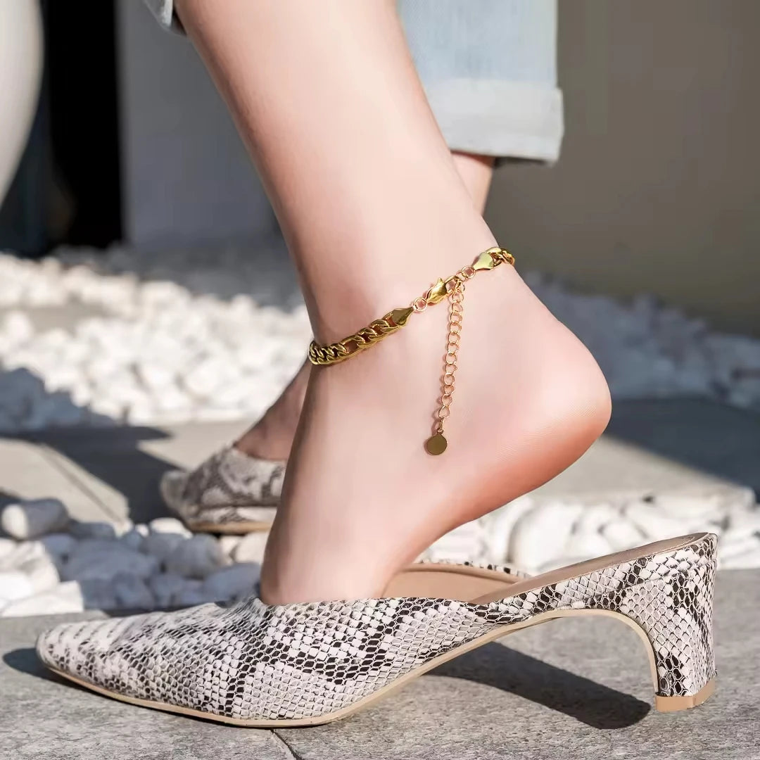 Tarnish Free Cuban Link Figaro Ankle Bracelets 18K Gold Plated Stainless Steel Tennis Jewelry Foot Beach Women Leg Chain Anklets