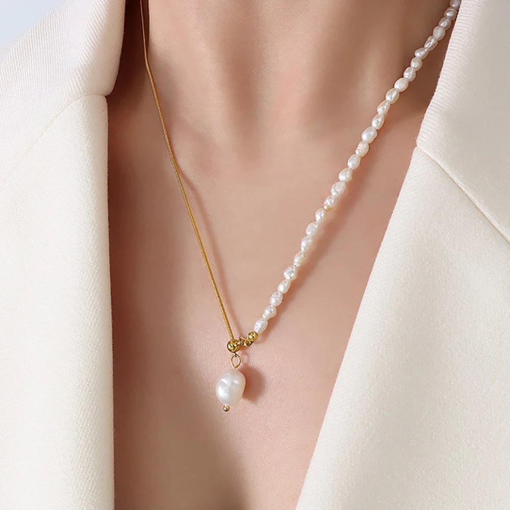 Vintage Fashion 18K Gold Plated Pull-Out Adjustable Chain Stainless Steel Freshwater Natural Pearl Necklace