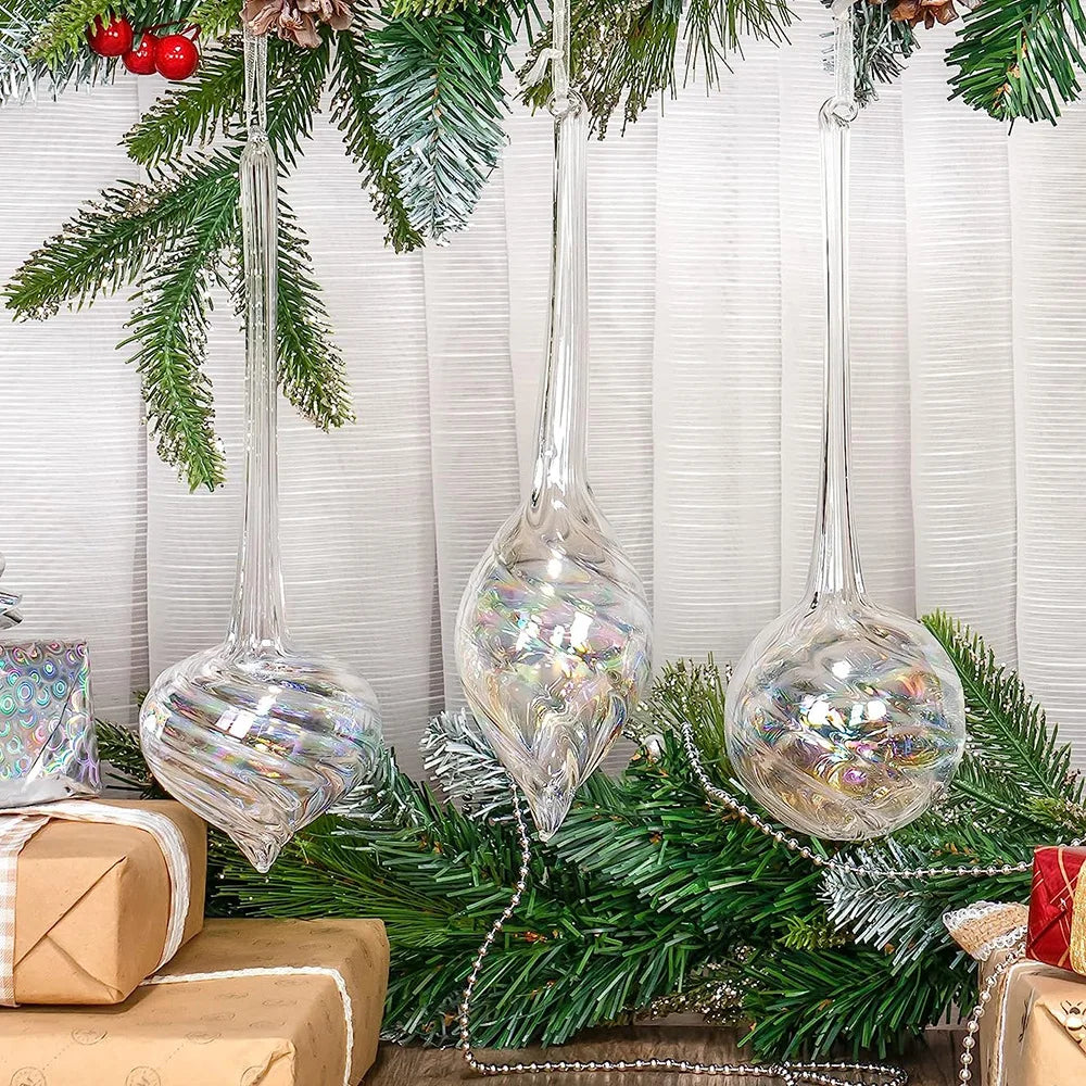 Christmas Home Glass Ornaments with UV Printing and Flocking Custom Gradient Icicle Design