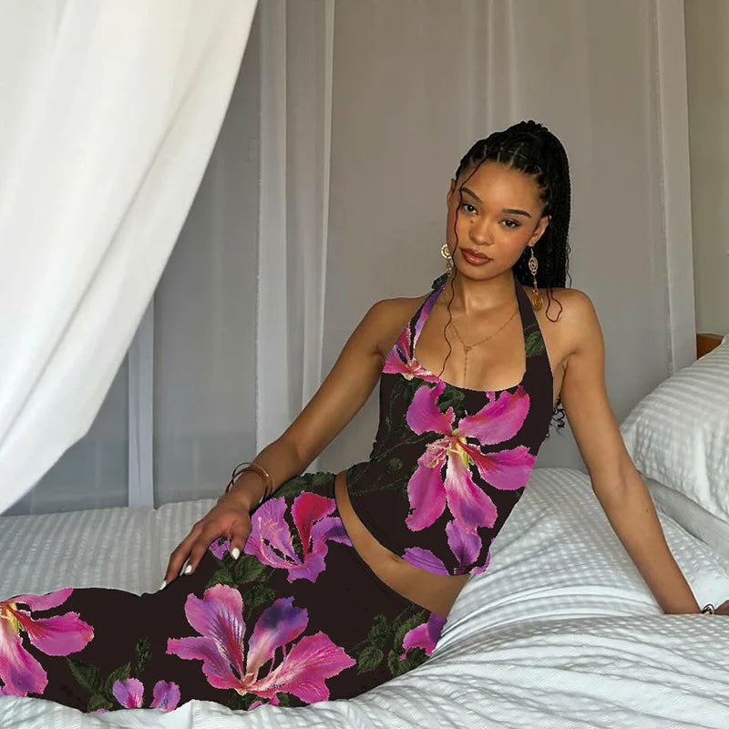 New Summer 2025 Women Spaghetti Strap v Neck Printed Crop Top and Long Skirt 2 Piece Sets Casual Two Piece Skirt Set