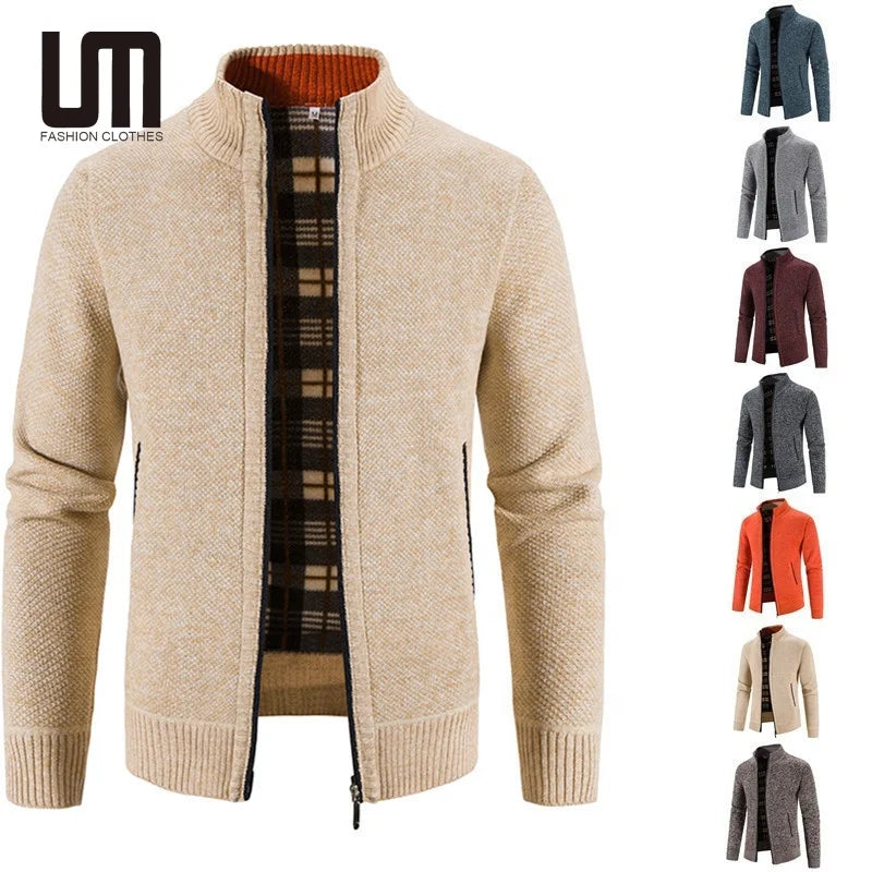 Liu Ming Autumn Winter Men's Cardigan Sweaters Thick Warm Slim Fit Knitted with Patchwork Design and Zipper Closure