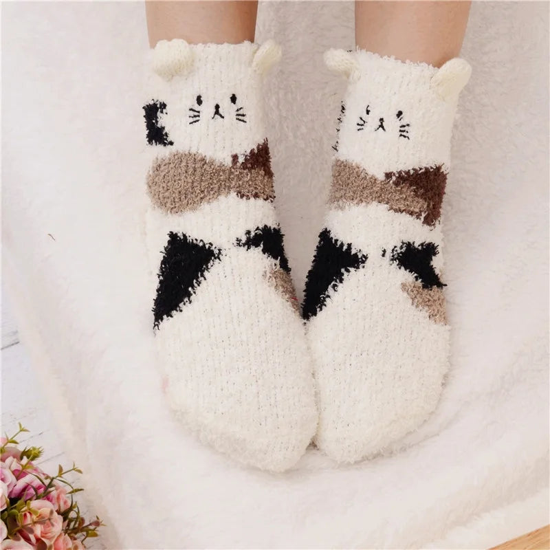 Cmax Autumn Winter Brushed Half Cozy Socks Embroidered Cartoon Socks Coral Female Home Socks