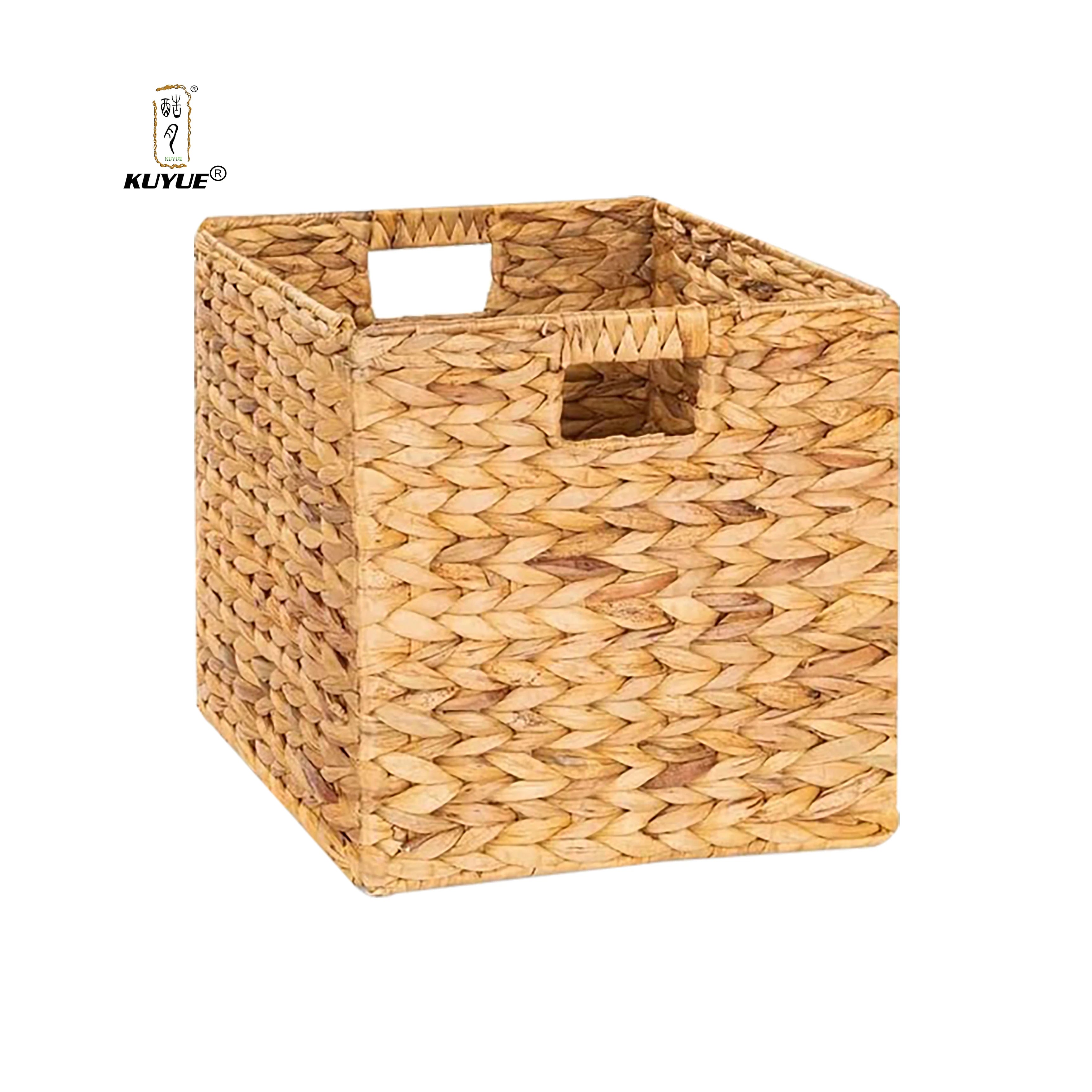 KUYUE Large Round Folding Wicker Storage Basket Foldable Cube Storage Bins for Kitchen or Food Wicker Storage Shelves
