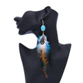 Women's Retro Ethnic Style Long Feather Tassel Earrings Imitation Turquoise Alloy Feather Dangle Earrings