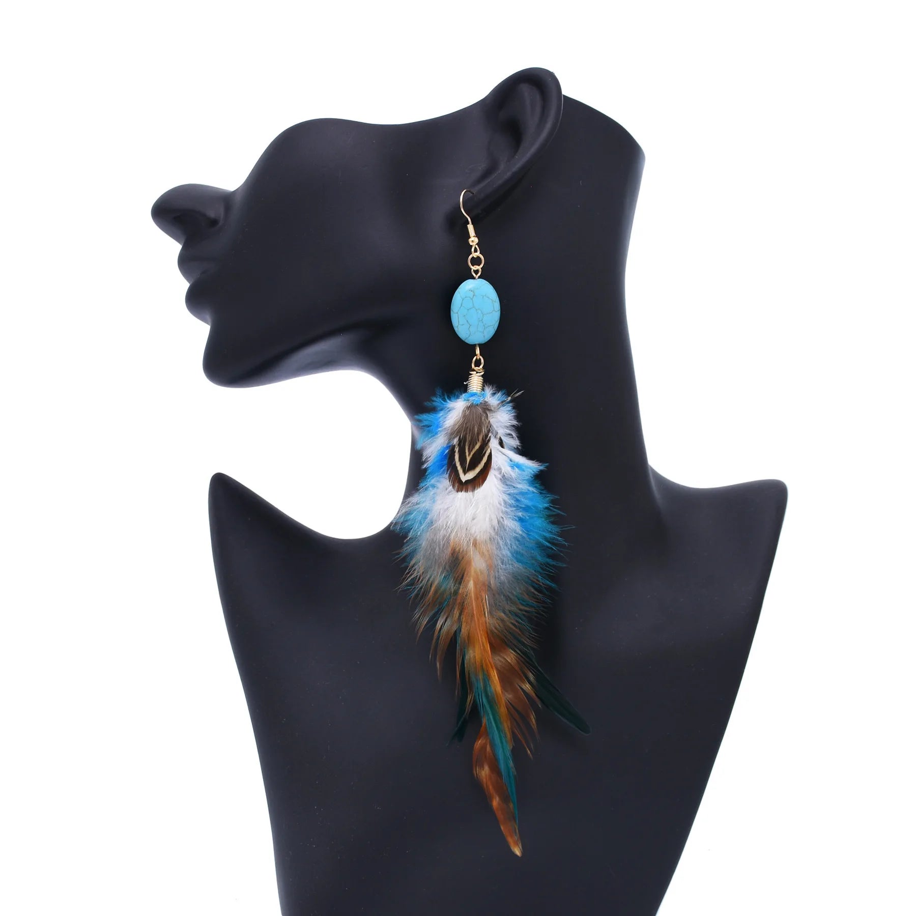 Women's Retro Ethnic Style Long Feather Tassel Earrings Imitation Turquoise Alloy Feather Dangle Earrings