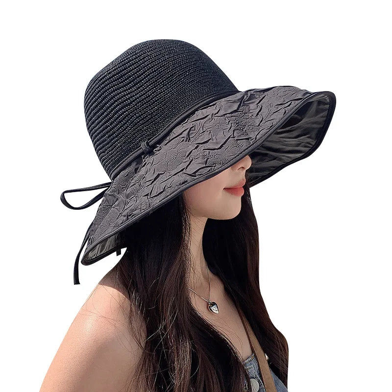 Summer New Knitted Bow Tied Rope Large Brim Fisherman Hat Women Girls Wide Brim Beach Sun Hat