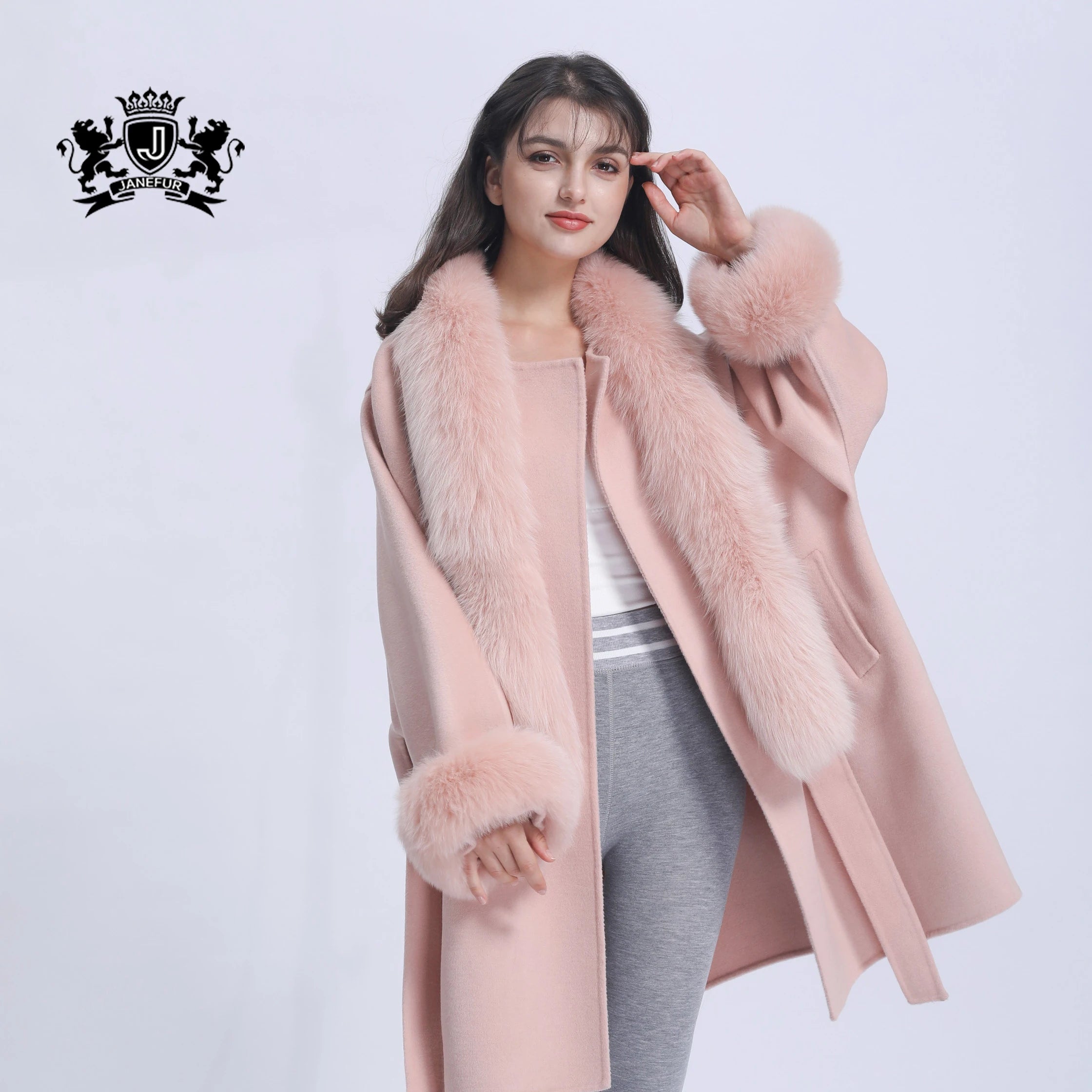 JANEFUR Pink Elegant Style Fashion Scarf Style Cashmere Coat Spring Warm Loose Size Real Fox Fur Collar Cuff Cashmere Coat