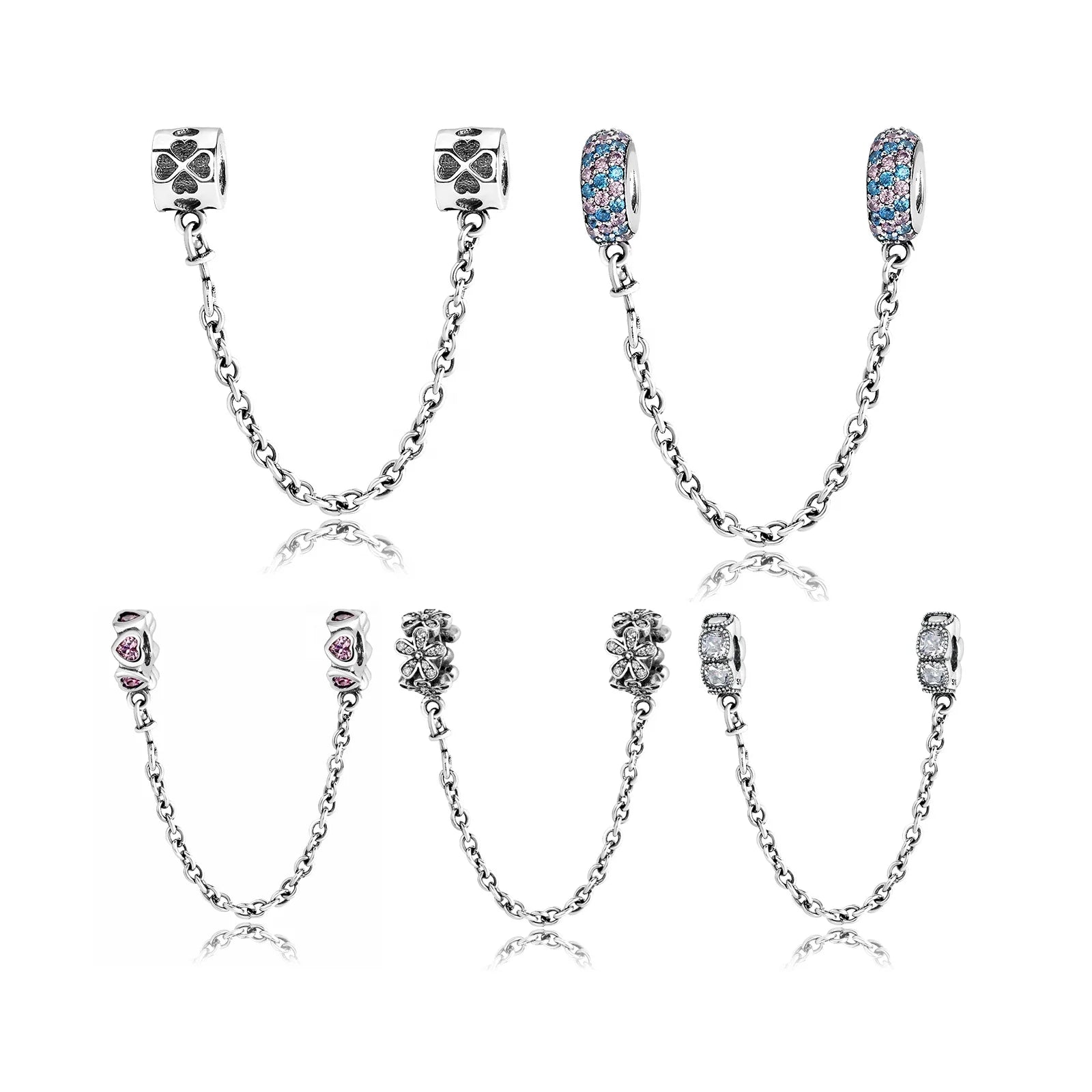 Real 925 Sterling Silver Colourful Pink Crystal Zircon Safety Chain Jewellery Charms for Bracelet Women Jewelry Making Wholesale