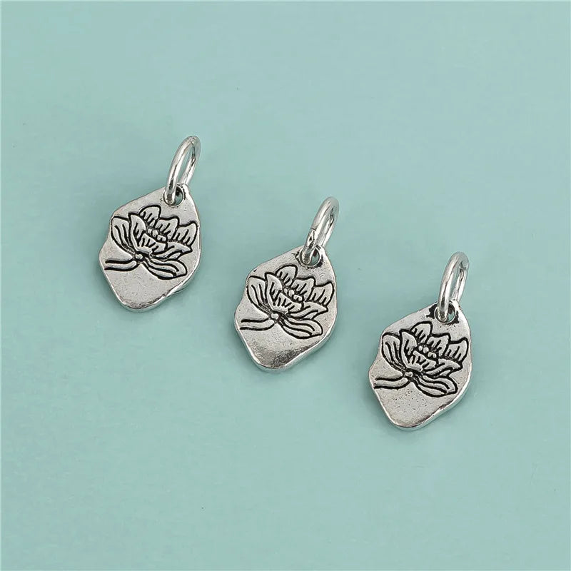 Retro 925 Antique Silver Geometric Disc Lotus Flower Charms for Jewelry Making Supplies 9mm