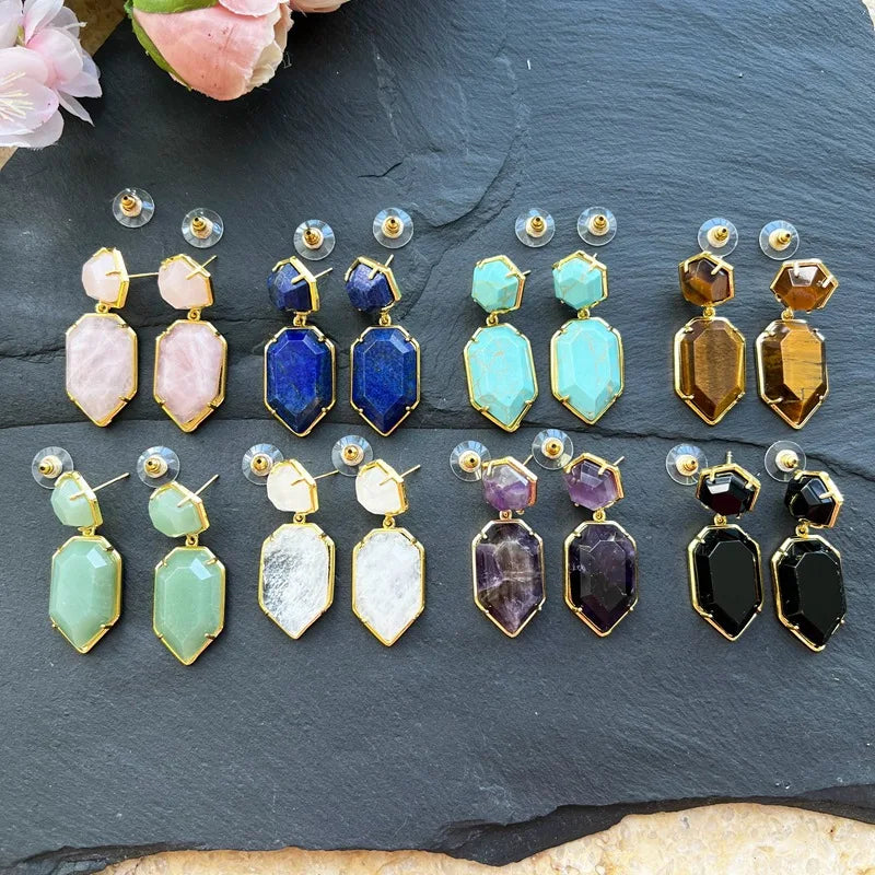 Multi Natural Stone Charms Hexagon Fashion Gemstone Stone Drop Earrings Crystal Earrings Gold Studs