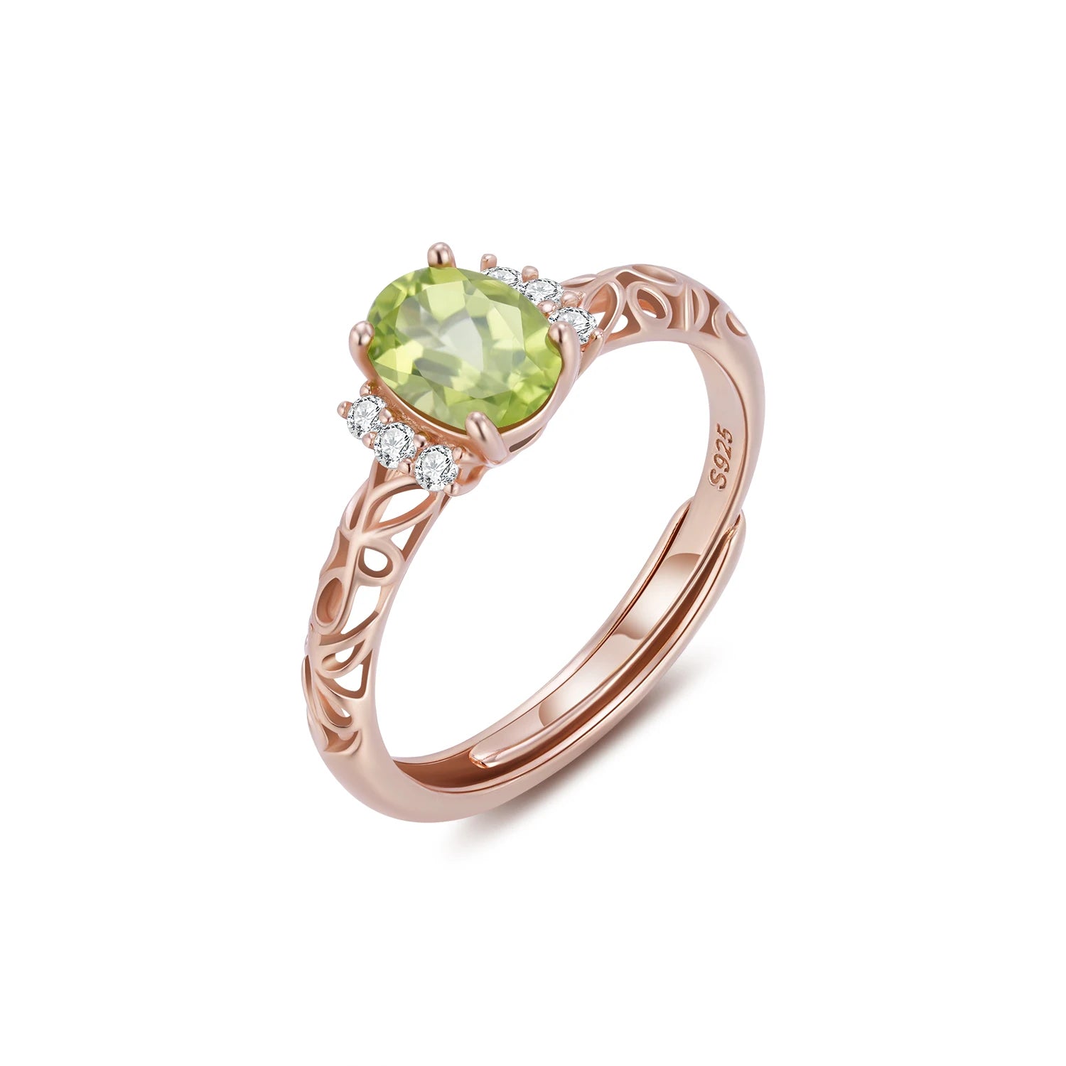 YBO 18K Rose Gold Plated Adjustable Floral Hollow Rings Factory Customized Fine Jewelry Natural Green Peridot Oval Cut Weddings