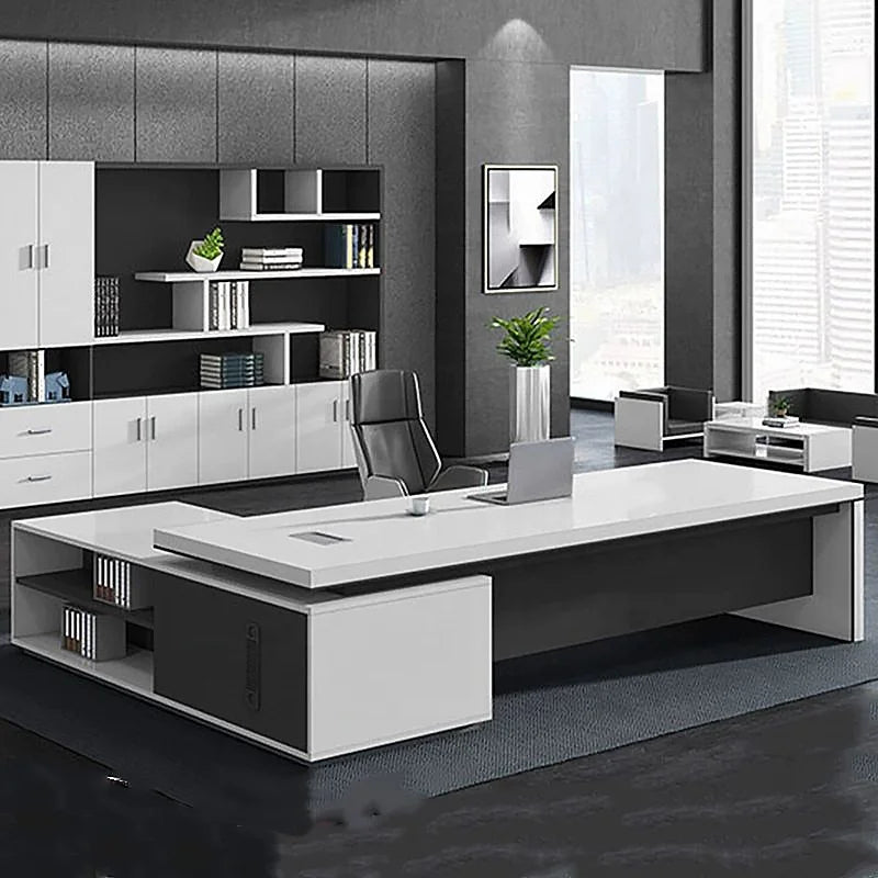 Luxury White Executive Office Desk Modern Wooden L-Shape Modular Office Building Furniture with Integrated Storage Cabinet