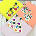 Wholesale Summer Rainbow Colored Rhinestone Heart Earrings Statement Geometric Round Rectangle Square Drop Earrings For Women