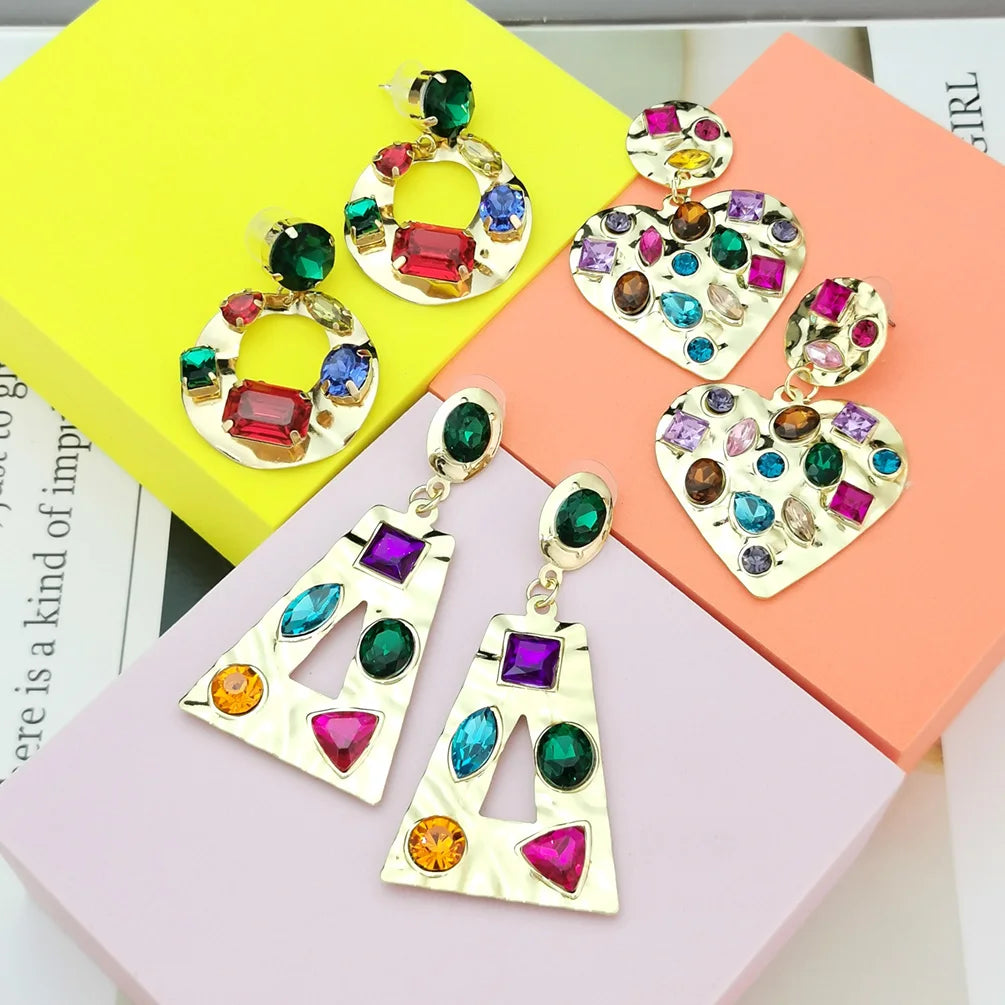 Wholesale Summer Rainbow Colored Rhinestone Heart Earrings Statement Geometric Round Rectangle Square Drop Earrings For Women