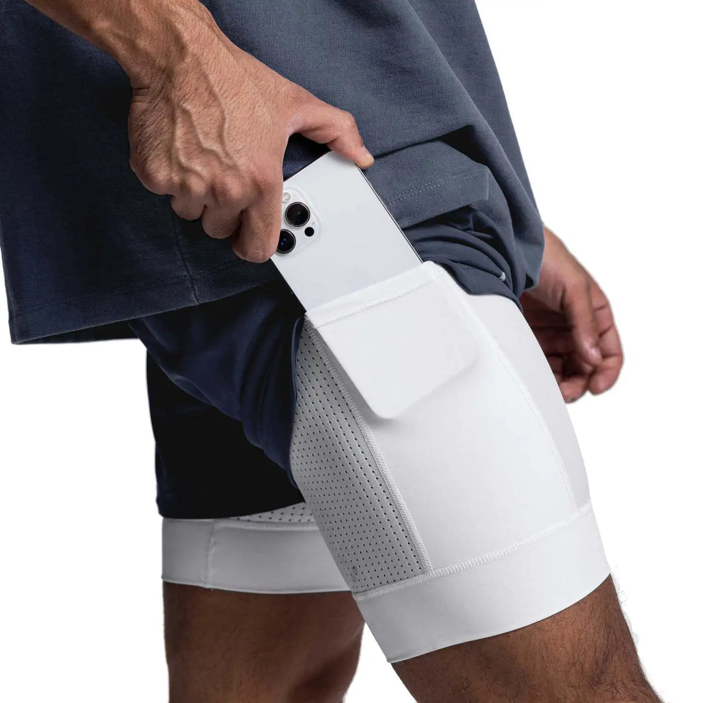 Custom Logo Men 2 1 Fitness Running Shorts Breathable Quick Dry 95% Polyester 5% Spandex Double-layer Mesh High Waist Drawstring