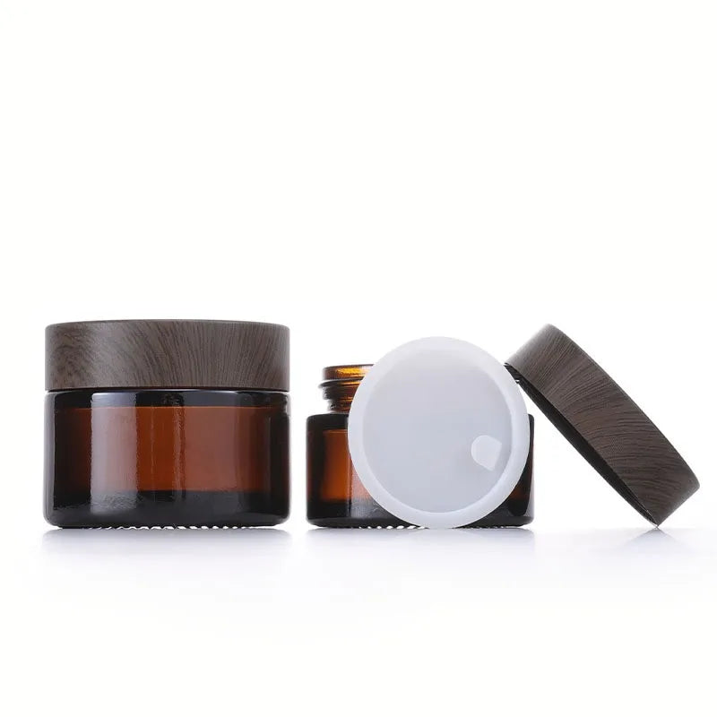 5g 10g 15g 30g 50g 100g Wide Mouth  Glass Jar Empty Eye Cream Cosmetic Amber Jar with Grain Wood Lid