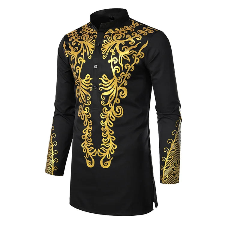 New Arrival  Casual  Long Shirt Men Long Sleeved Shirt Men's Gilded Printed Robe Top