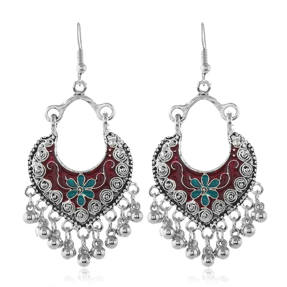 Statement Bohemian Vintage Alloy Carved Flower Enamel Beads Tassel Women's Earrings Indian Jewelry Wedding Party Gift