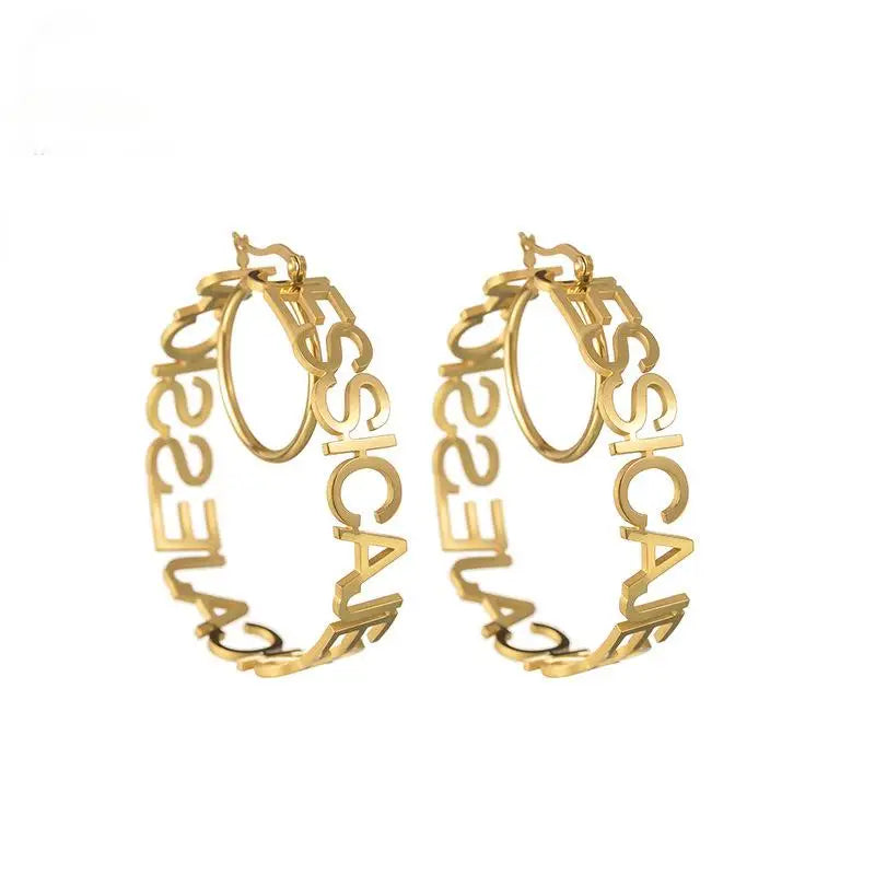 Stainless Steel Custom Hoop Earring Large Exaggerated Personalized Name Trendy Ball Pattern for Party & Hiphop Style