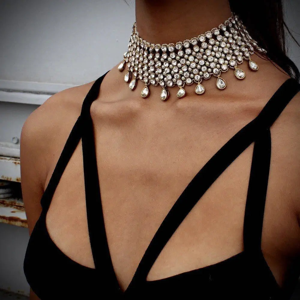 American and European Style Big Brand Designer Luxury Exaggerated Diamond Bib Beads Necklace Choker for Women Waterdrop Pendants