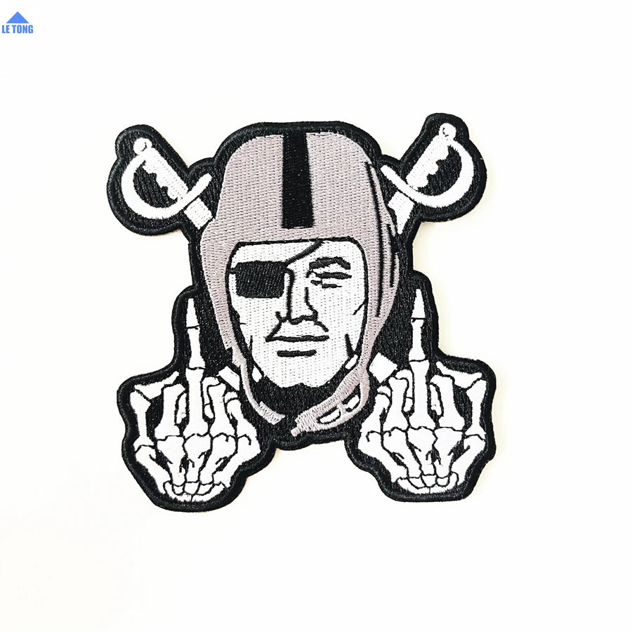 Hot Sell Heat Press Custom Badge Fast Delivery Embroidery Patch Nfl Iron on  Raider Skull Patches for Clothing