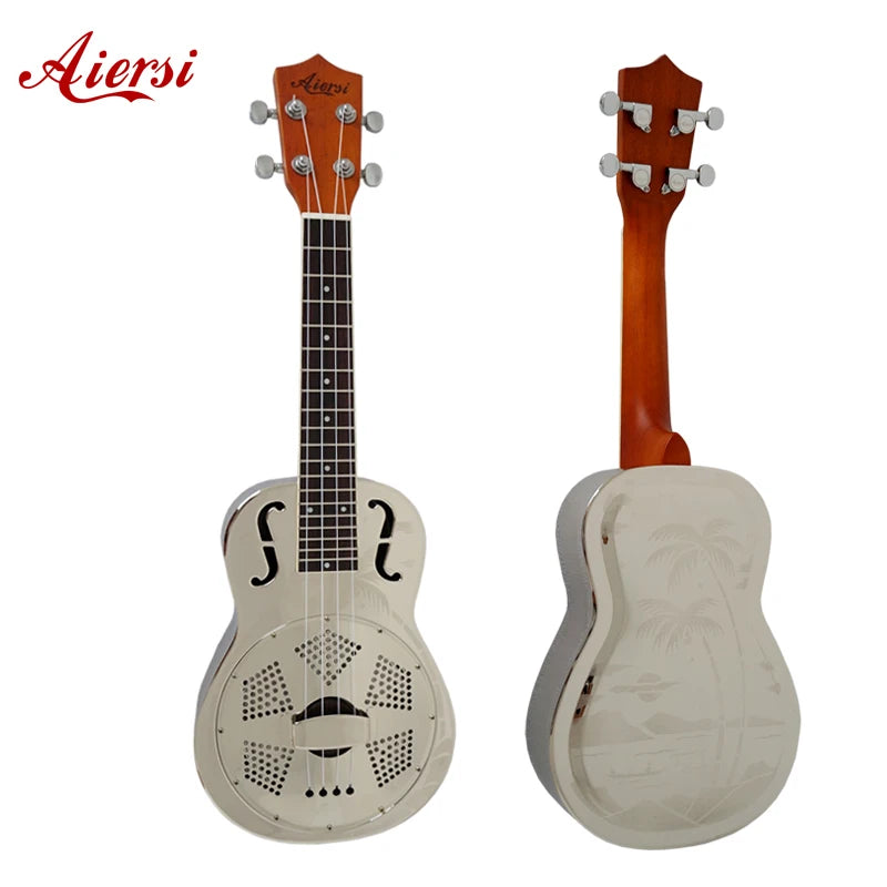 Wholesale Custom Aiersi Brand 24 Inch Resonator Ukulele 4 String Concert Gloss Metal Brass Body Hawaii Guitar String Instruments
