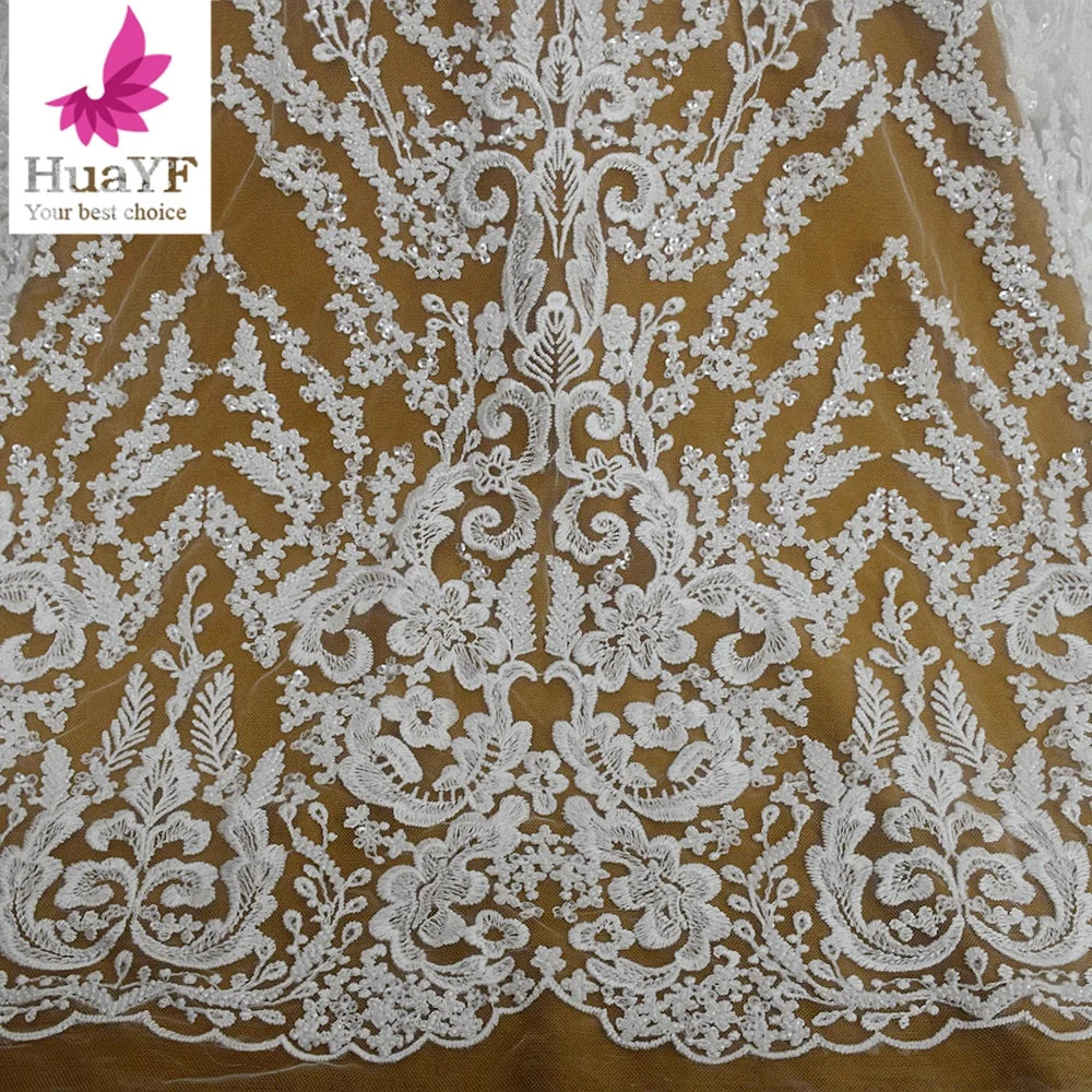 HY2035 Embroidery White Beaded Bridal Mesh Lace With Sequins for Wedding Dress Fabric