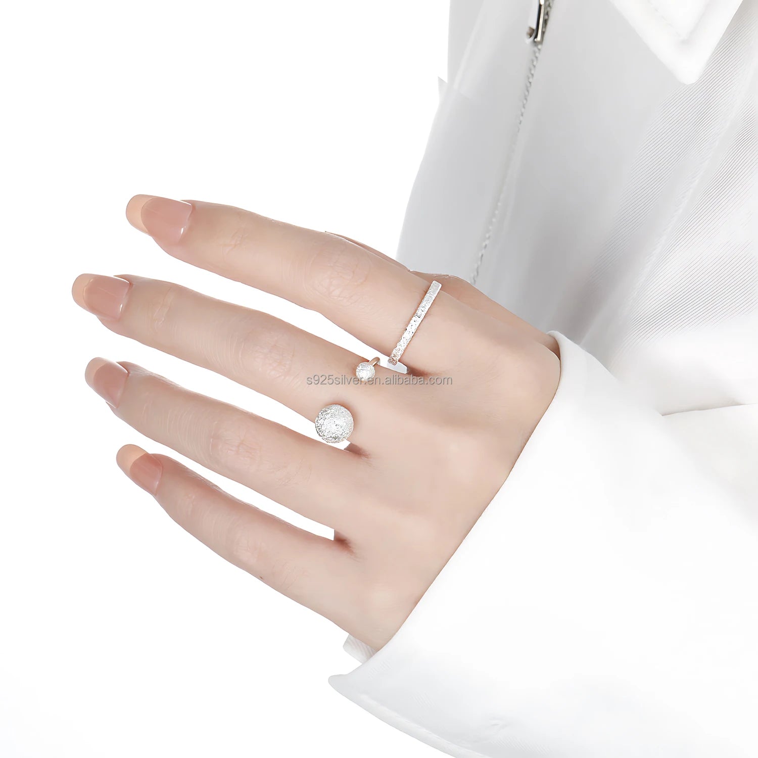 Minimalist Statement Jewelry 925 Sterling Silver Frosted Textured Double Sphere Ball Beads Design Open Ring for Women