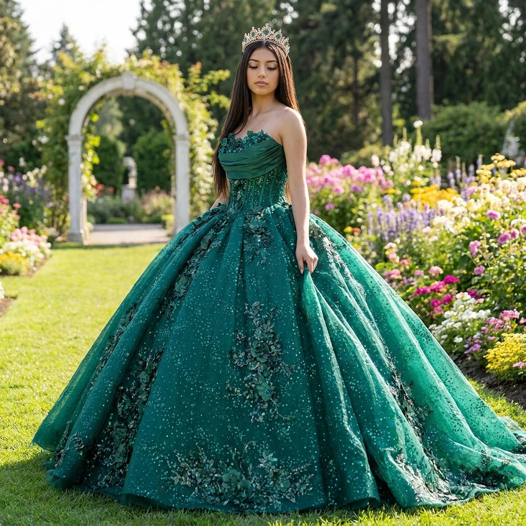 Green Quinceanera Dresses Ball Gown Off the Shoulder Tulle Appliques Crystals Puffy Mexican Sweet 16 Dresses 6521