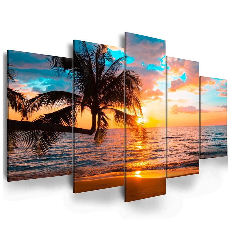 Abstract Beach Landscape Art Wall Painting - 5 Pieces Canvas Wall Art Floral Picture Canvas Painting Art Print Decor Painting