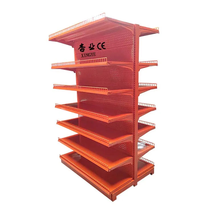 Customizable Double-Sided Gondola Shelf with Orange Backboard Heavy Duty Supermarket Rack with Logo Factory Direct