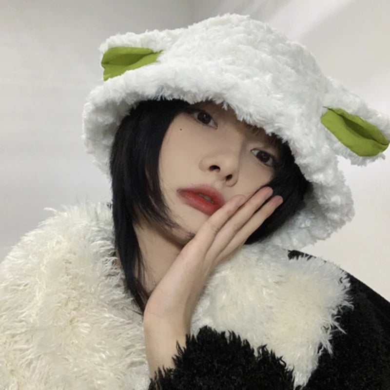 Y2K Sweet Lolita Cute Sheep Ear Plush Bucket Hat Women Girls Cosplay Headwear Decoration Caps