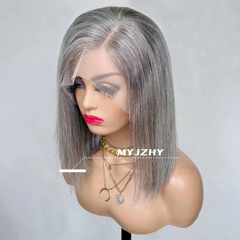 MYJZHY Original Salt and Pepper Color Bob Unprocessed Soft Raw Human Hair Invisible Knots Transparent Lace Front Wigs