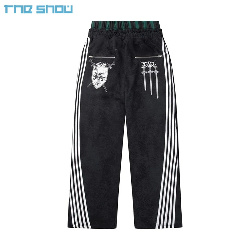 Y2K Hip Hop Stripe Pants Embroidered Retro Double Layer Baggy Casual Unisex Elastic Double Waist Flared Sweats Pants Men