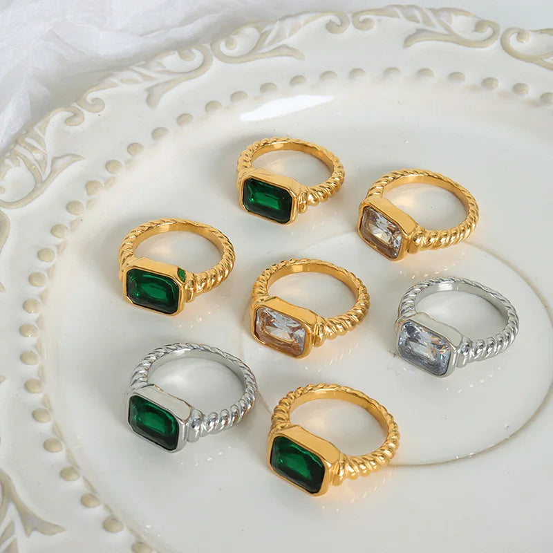 Vintage Charm Jewelry Gold Plated Twisted Chunky Colorful Zirconia Stainless Steel Ring Accessories Women Accesorios Mujer