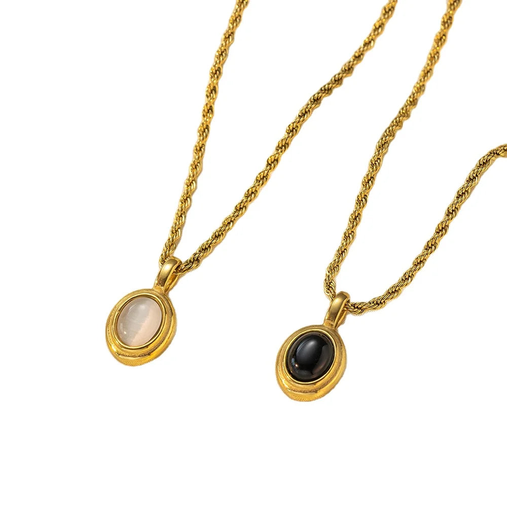 Wholesale Gold Plated White Black Onyx Pendant Necklace Women Stainless Steel Opal Geometric Twist Rope Chain Necklace
