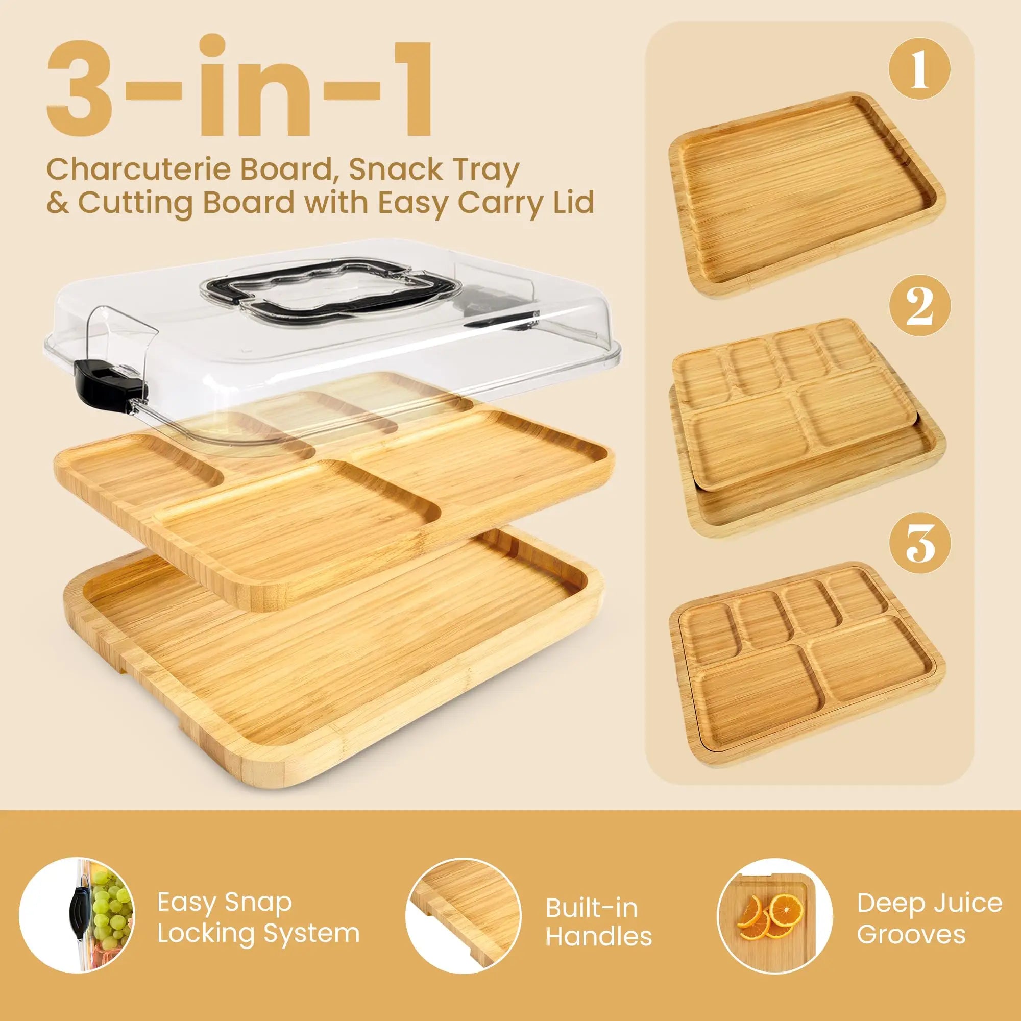 Bamboo Charcuterie Board Build-a-Board Cutting Board with Compartments and Clear Locking Lid Bamboo Snack Food Tray