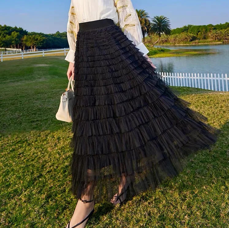 Mesh Patchwork Cake Skirt New Mid Length Skirt A-length Fluffy Gauze Skirt
