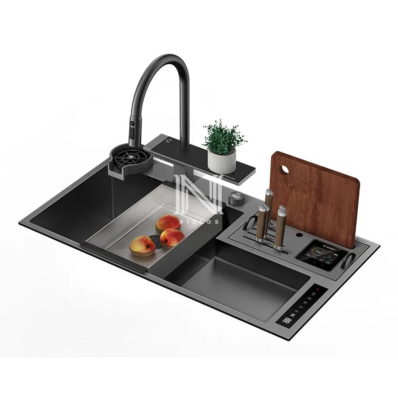 NLS8848 Handmade 304 Stainless Steel Digital Display Smart Kitchen Sink Faucet Single Bowl Square Modern Automatic Three Holes MegaBDM
