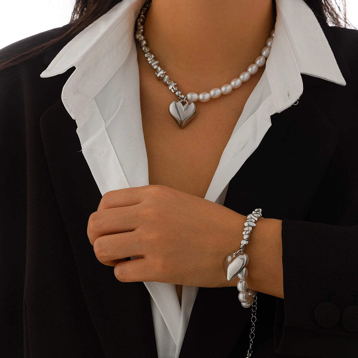 Trendy Imitated Pearl Heart Necklace Bracelet Set for Women Irregular Ladies CCB Choker Necklace Hand Chain Fashion Jewelry Gift