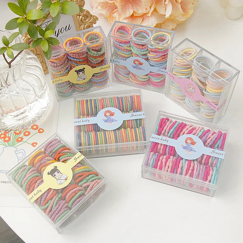 100PCS /Box Korea Cute Candy Color Rubber Band Elastic Hair Ties Kid Colors Elastic Scrunchies Ponytail Holders Set