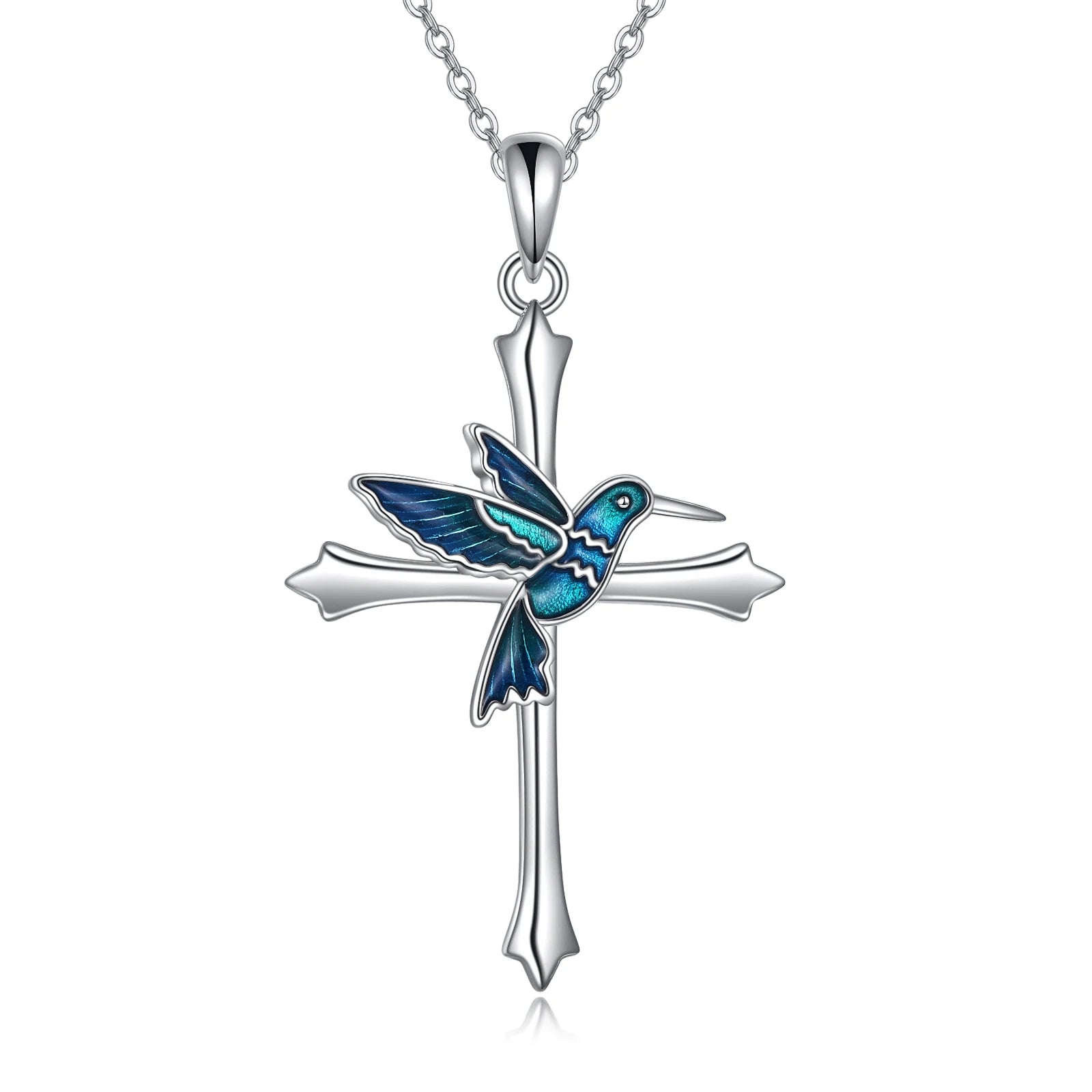 Religious Jewelry 925 Sterling Silver Enamel Hummingbird Cross Pendant Necklace