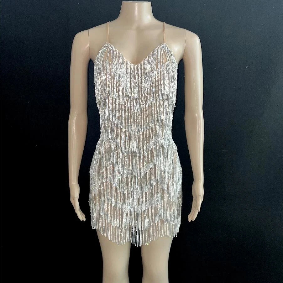 Sparkly Silver Rhinestone Fringe Transparent Short Ballroom Dress Birthday Celebrate V-collar Dancer Celebrity Dresses
