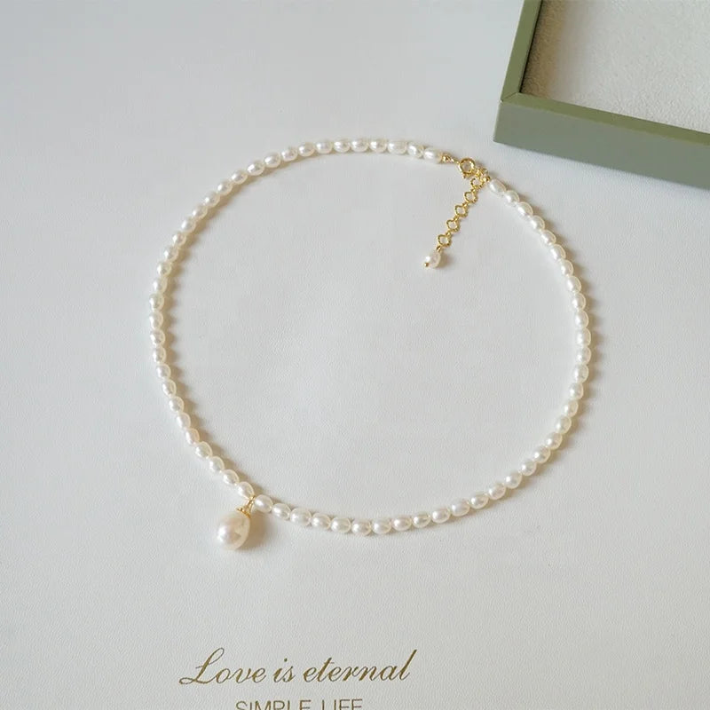 Simple Retro Natural Freshwater Pearl Necklace 14K Gold-Filled White Rice Real Choker 3-4mm Unisex Stainless Steel Anniversary