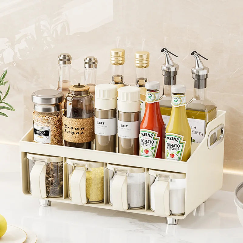 OWNSWING Kitchen Spice Organizer Drawer Spice With Spoon and Lid 4-Cell Seasoning Storage Box With Top Table and Handle