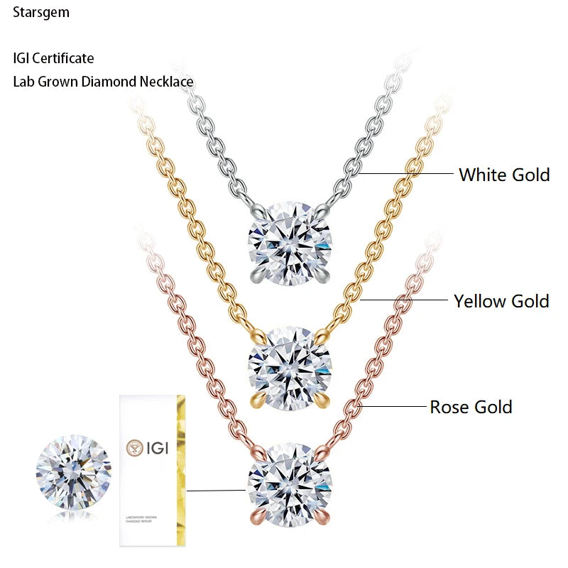 Starsgem 10K 14K Gold Diamond Necklaces 1ct 1.5ct 2ct IGI Certificate CVD HPHT Round Cut Necklace Lab Diamond Pendant